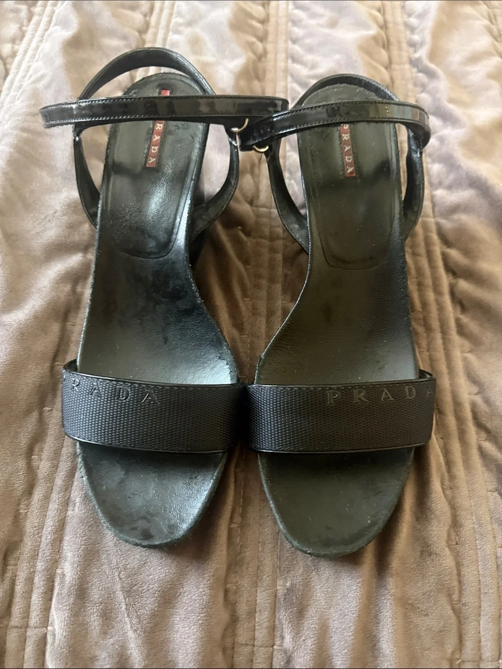 Authentic Y2K style Prada Black patent leather & Fabric Velcro strap sandals